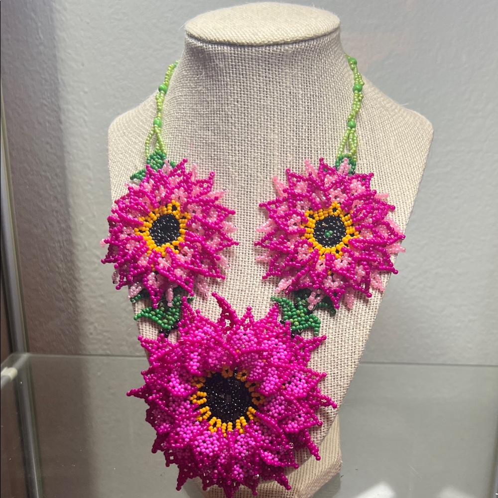 Floral Beaded Necklace - Pink and Green